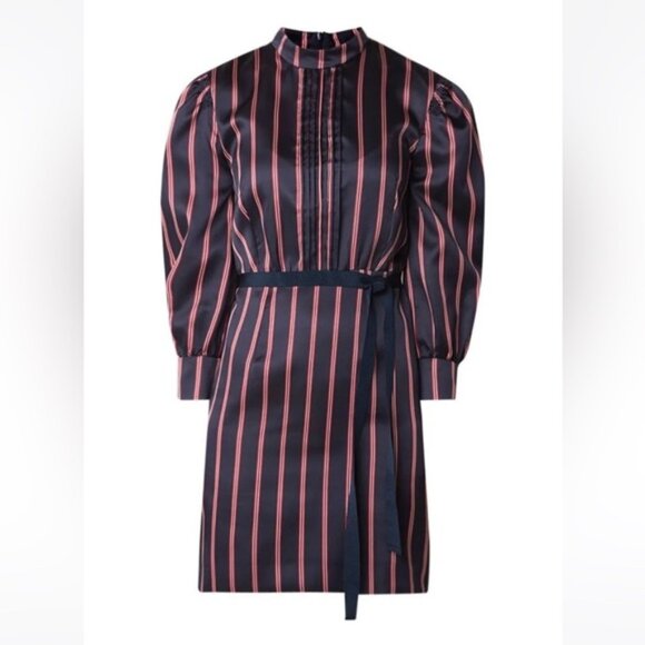 SANDRO Respect Striped Long Sleeve Preppy Satin Twill Belted Dress Lightweight - Picture 4 of 16